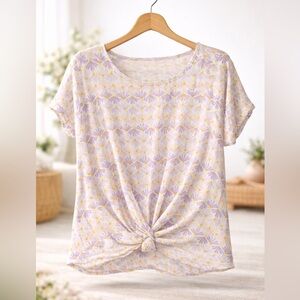 Pink Rose Purple and Yellow Floral Knot-Front Tee